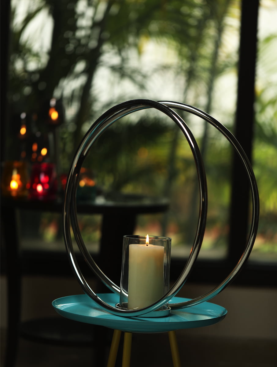 Aluminium Double Ring Nickle Plated pillar candle holder - L