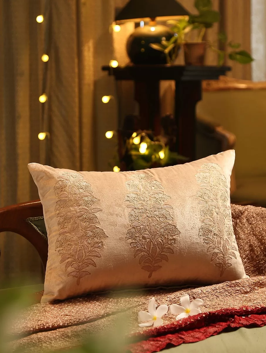 Uniquely crafted Beige tone embroidered cushion cover with hint of gold  in Beige viscose velvet – Amoliconcepts