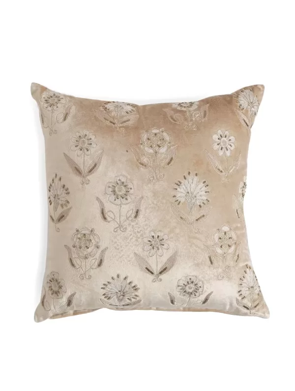 Beautiful Beige tone hand beaded cushion cover with Beige tone embroidery in Beige Viscose velvet – Amoliconcepts - Amoliconcepts