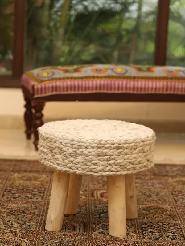 Beige / Natural woolen hand knitted wooden stool – Amoliconcepts - Amoliconcepts