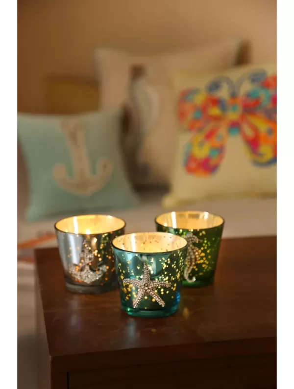 Nautical theme ornate glass votives with Anchor, Star Fish and Seahorse Jewel in Blue & Green finish set of 3 – Amoliconcepts - Amoliconcepts
