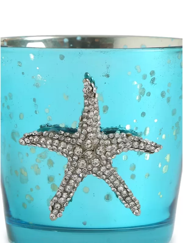 Nautical theme ornate glass votives with Anchor, Star Fish and Seahorse Jewel in Blue & Green finish set of 3 – Amoliconcepts - Amoliconcepts