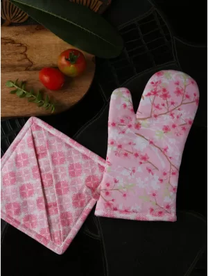 Shop Set Of Flower Pattern Pot Holder, Glove, Apron And Kitchen