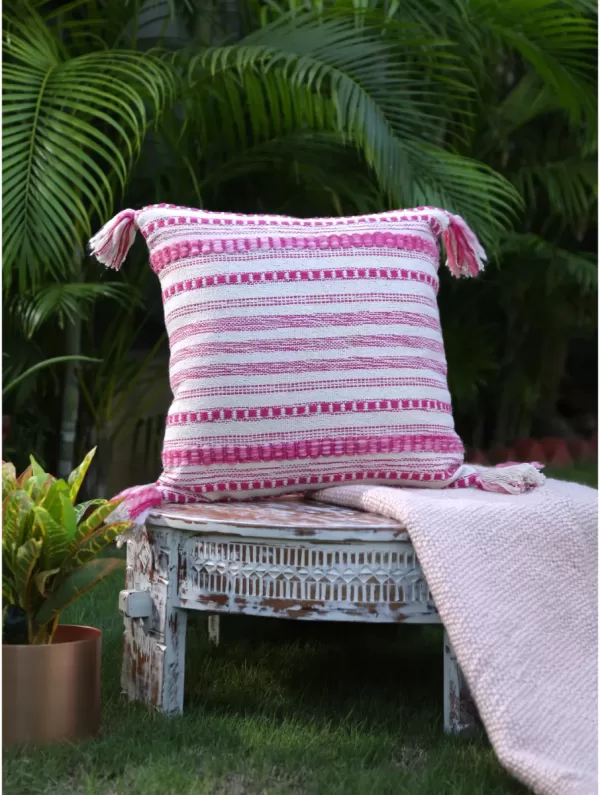 Ivory and Fuschia Woven Cushion Cover With Tassels – Amoliconcepts - Amoliconcepts
