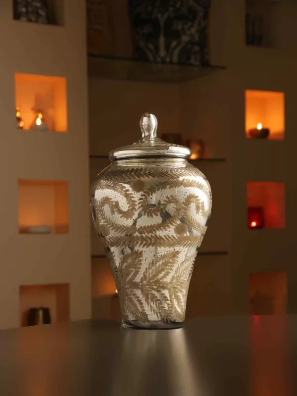 Unique shape pot style glass container  with Lid in flower cut design and antique silver finish – Amoliconcepts - Amoliconcepts
