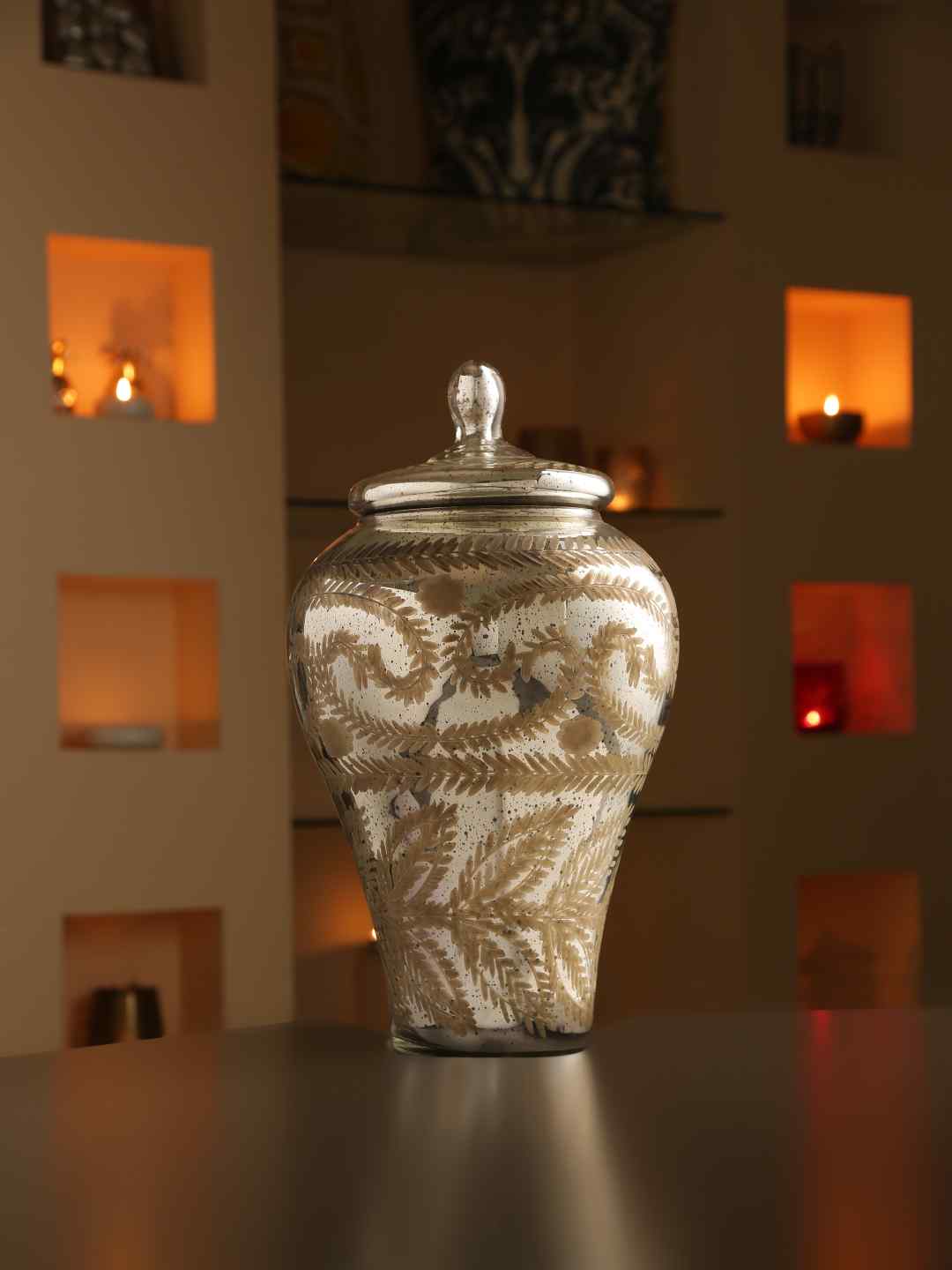 Unique shape pot style glass container  with Lid in flower cut design and antique silver finish – Amoliconcepts