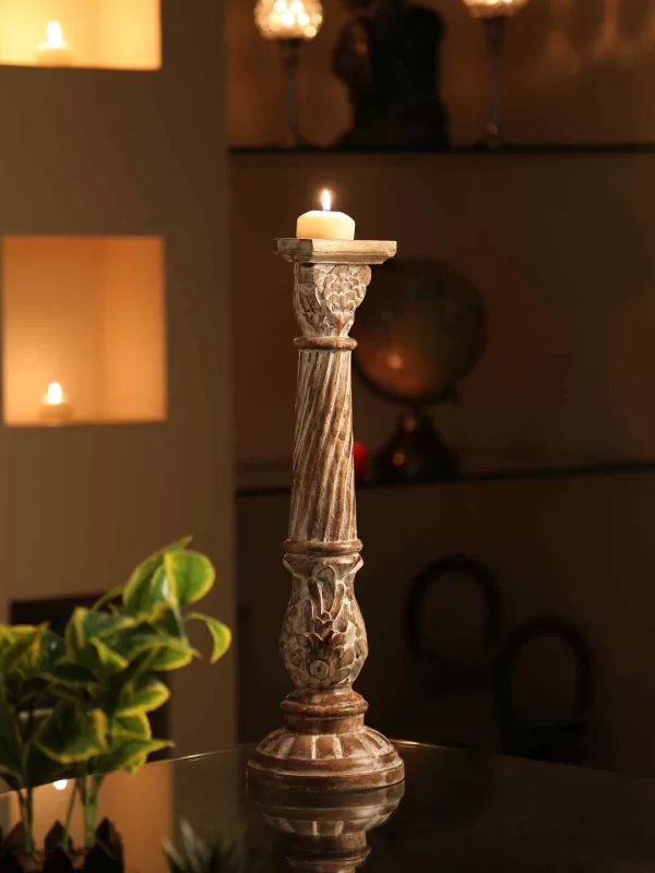 Hand carved candle holder with white wash finish – Style 02 – Amoliconcepts - Amoliconcepts