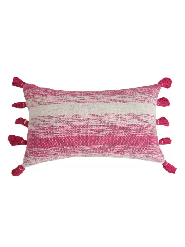 Pink and white hand woven cushion cover with pink tassels – Amoliconcepts - Amoliconcepts