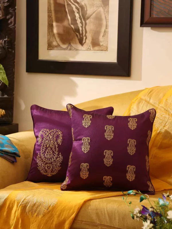 Double Pasiley design zari embroidered & foil printed set of 2 deep purple  cushion covers – Amoliconcepts - Amoliconcepts