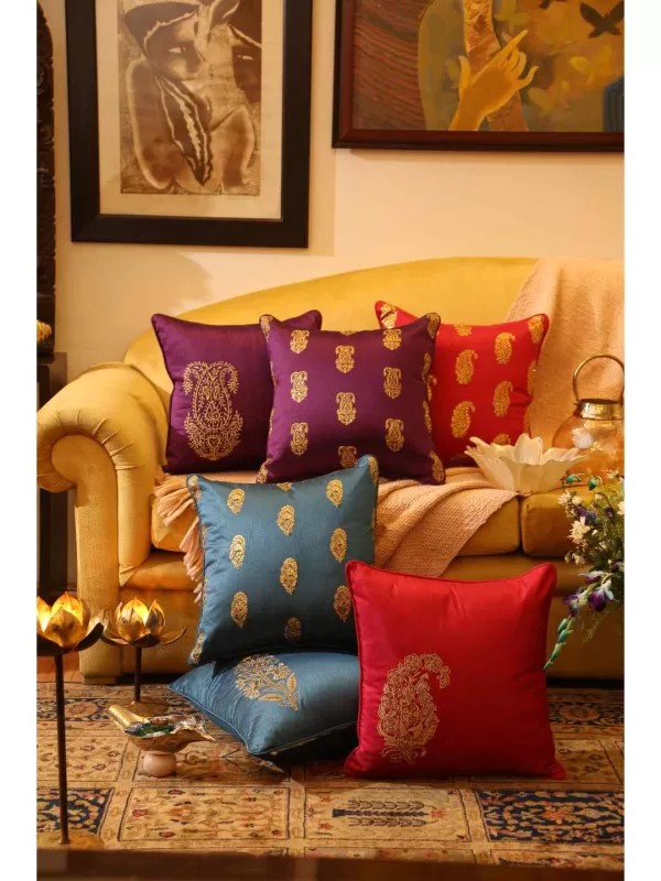 Double Pasiley design zari embroidered & foil printed set of 2 deep purple  cushion covers – Amoliconcepts - Amoliconcepts