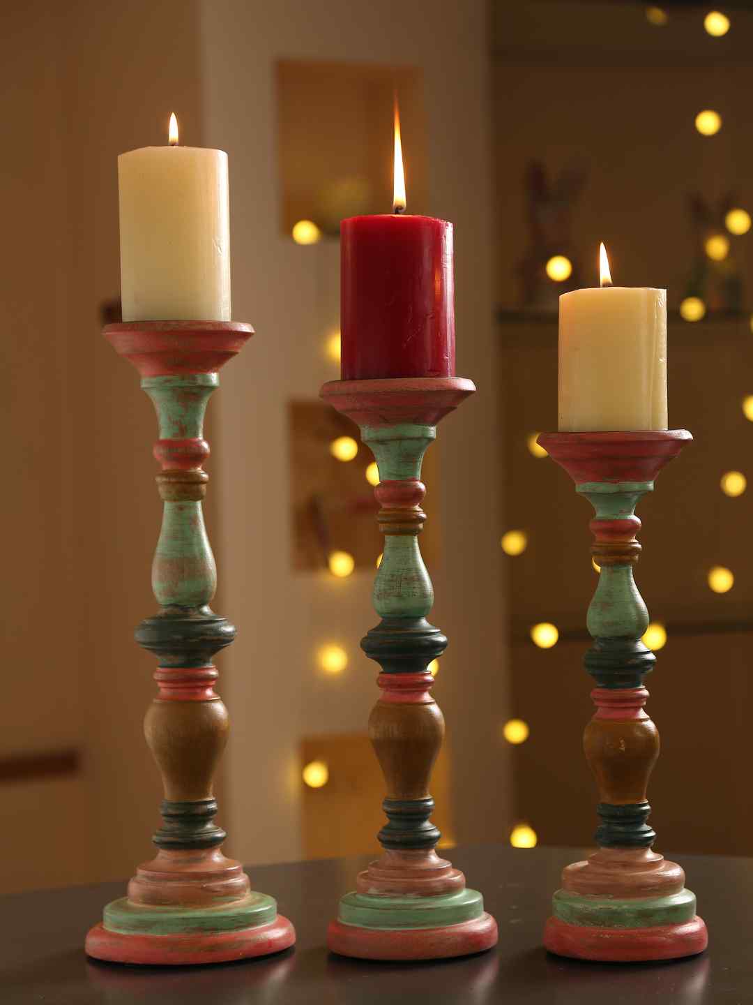 Shop Multicolor Hand Crafted Wooden Candle Holder In Distress