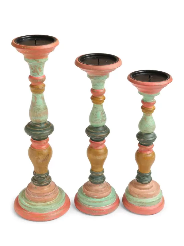 Multicolor Hand crafted wooden candle holder in distress finish set of 3 – Amoliconcepts - Amoliconcepts