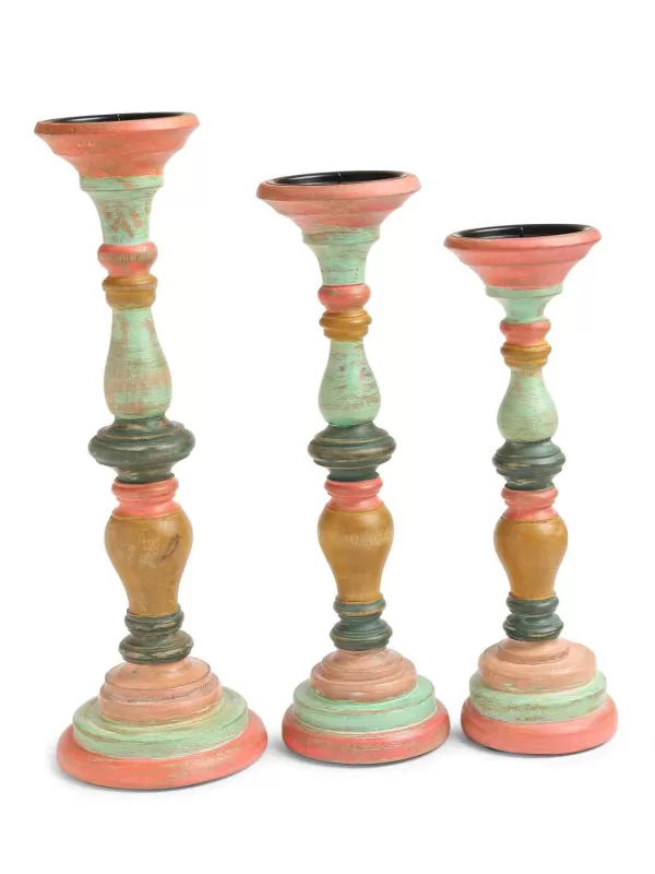 Multicolor Hand crafted wooden candle holder in distress finish set of 3 – Amoliconcepts - Amoliconcepts