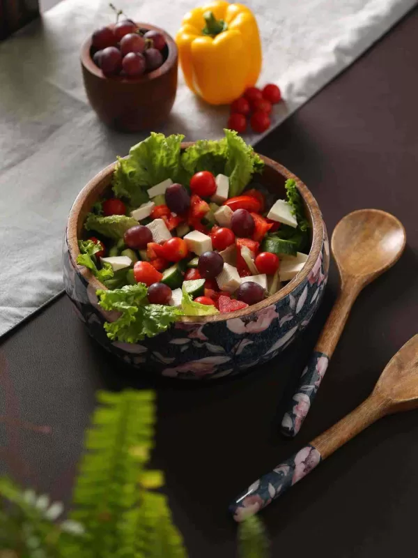 Blue Salad Bowl With Flower Design – Amoliconcepts