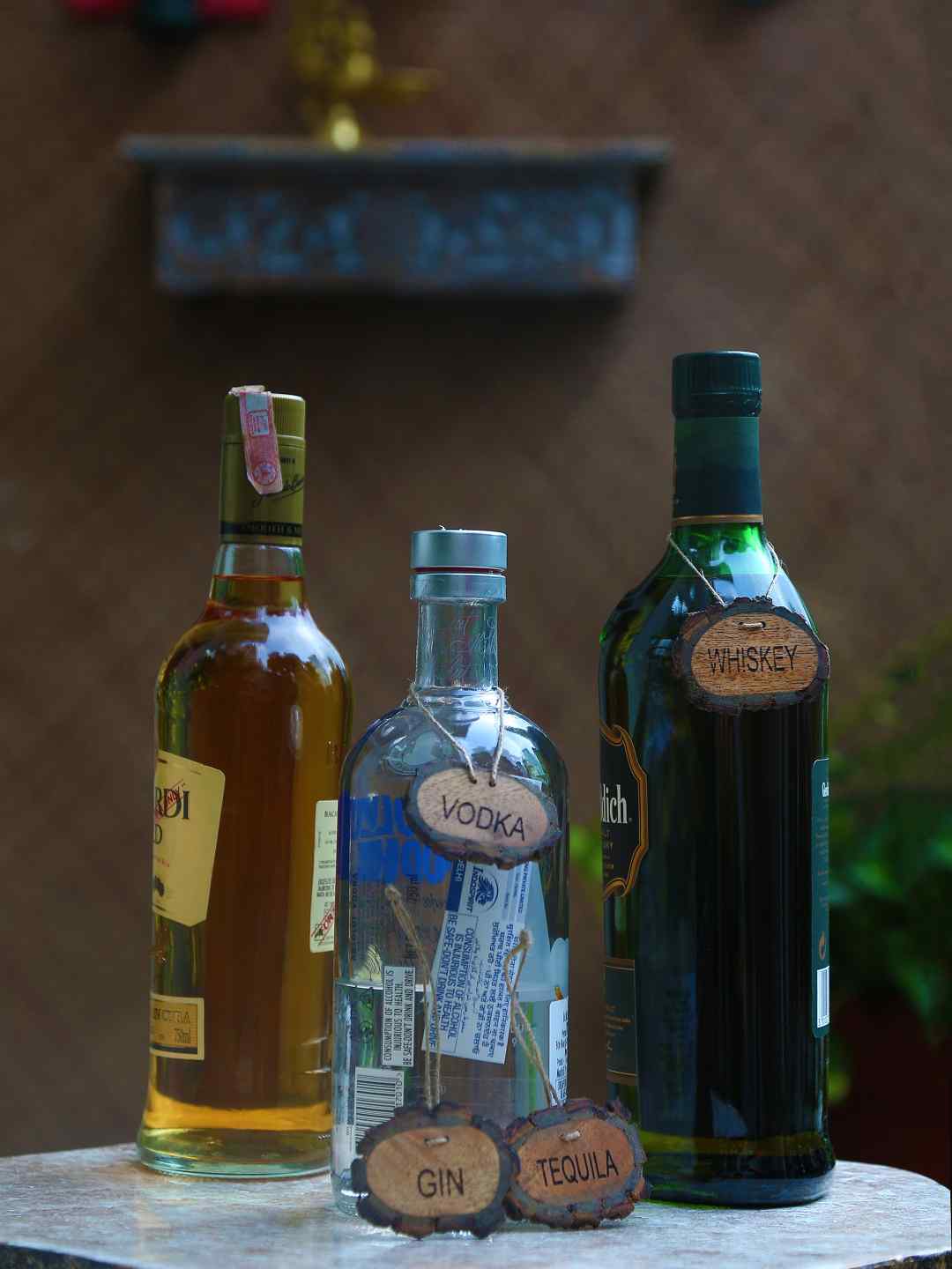 Set of 4 Liquor Vodka Gin Tequila Antique Brass Bourbon Bottle Plaques Tags 