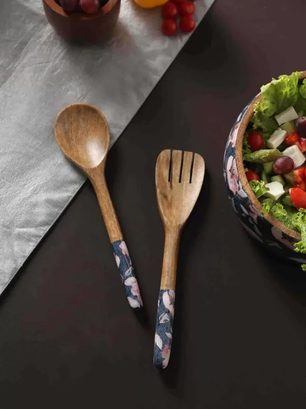 Blue Natural Wood Salad Servers With Flower Design – Amoliconcepts