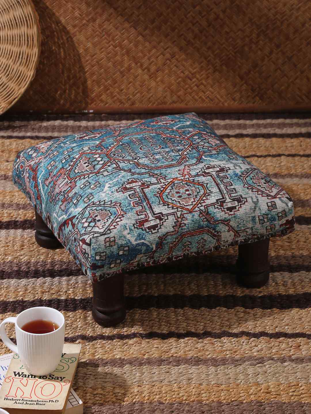 Wooden stool with carpet design top – Amoliconcepts