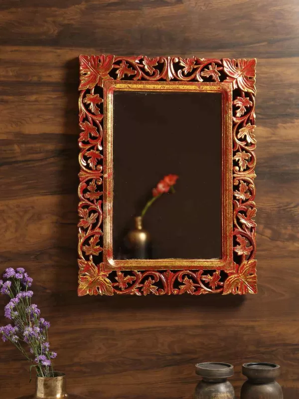 Red Vintage style MDF Mirror with golden details & distress finish – Amoliconcepts - Amoliconcepts