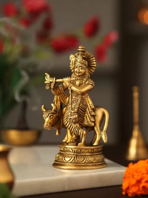 Brass Krishna Idol with cow - Amoliconcepts