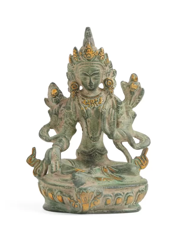 Tara Devi in Brass with Green stone finish - Amoliconcepts