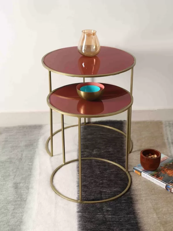 Nesting tables with pale ruby color glass top – set of 2 – Amoliconcepts - Amoliconcepts