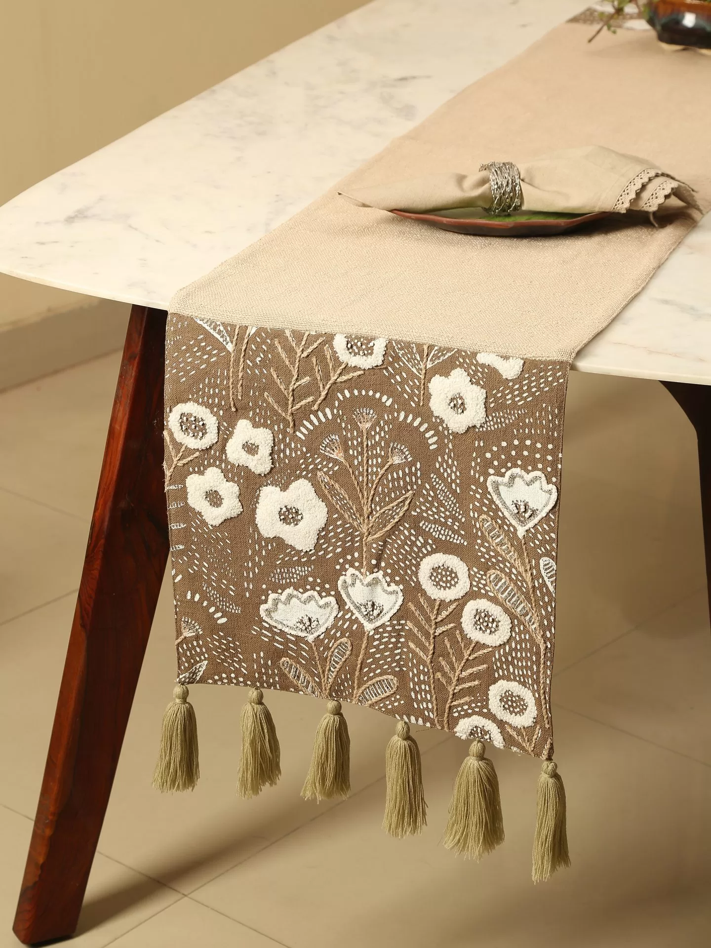 Beige and black hand painted embellished table runner - Amoliconcepts