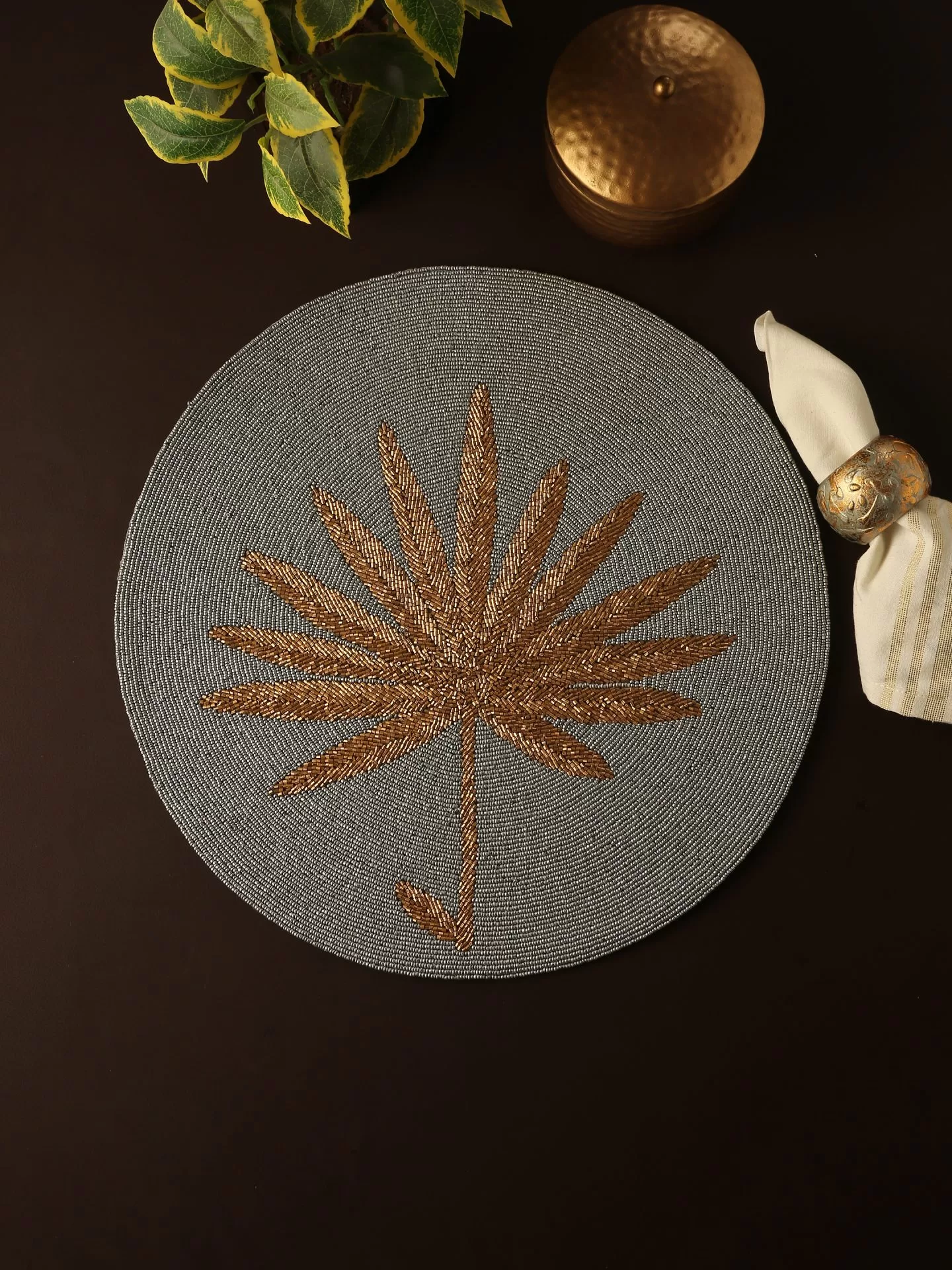 Grey and matt gold hand beaded placemat - Amoliconcepts