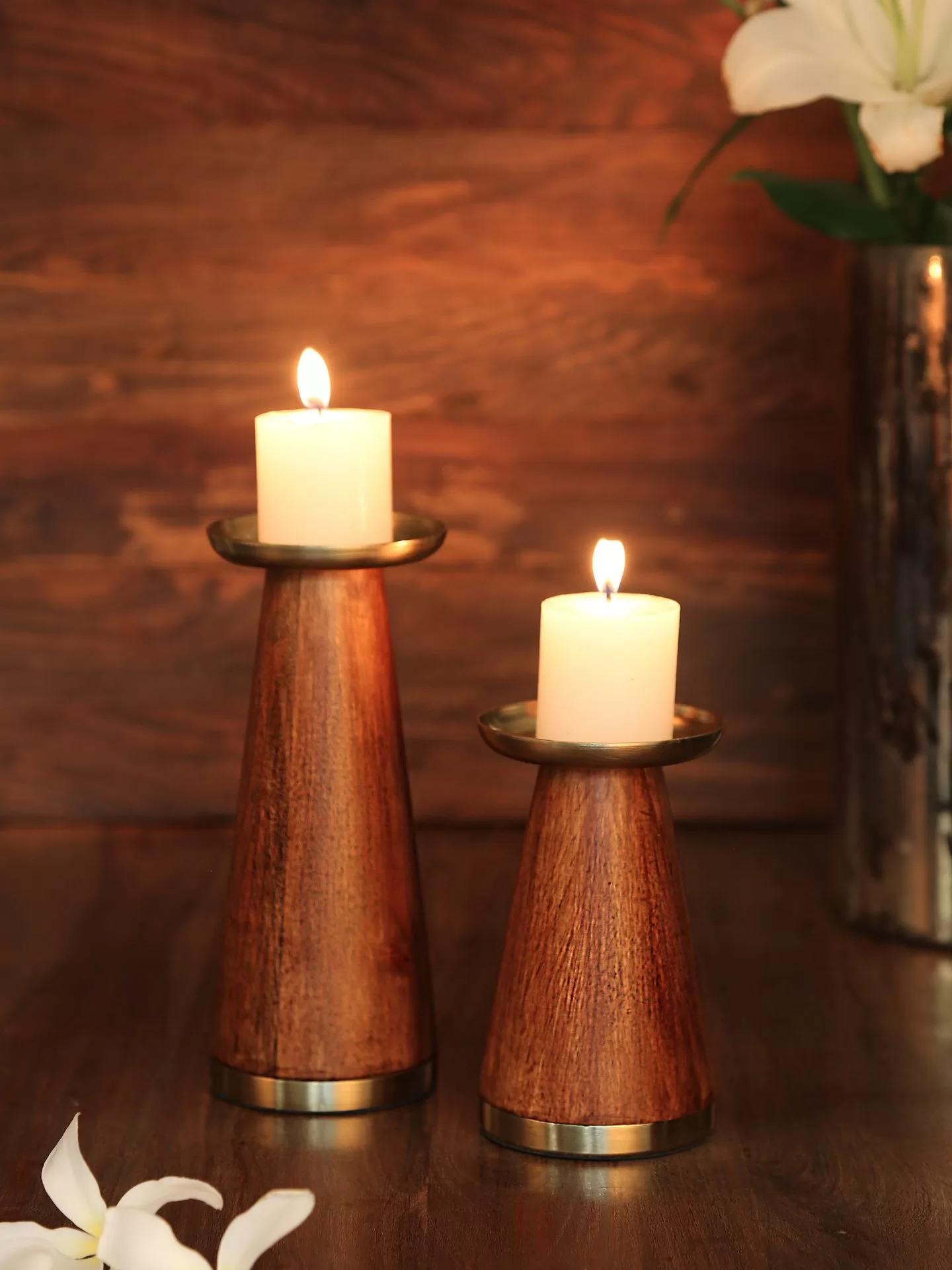 Shop Wooden Pillar Candle Holder With Brass Top Set Of 2
