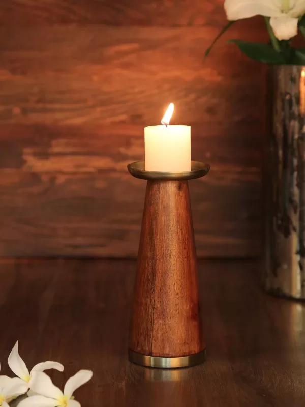 Wooden pillar candle holder with Brass top  set of 2 – Amoliconcepts - Amoliconcepts
