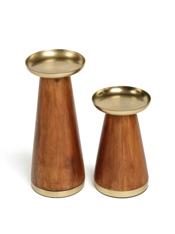 Wooden pillar candle holder with Brass top  set of 2 – Amoliconcepts - Amoliconcepts