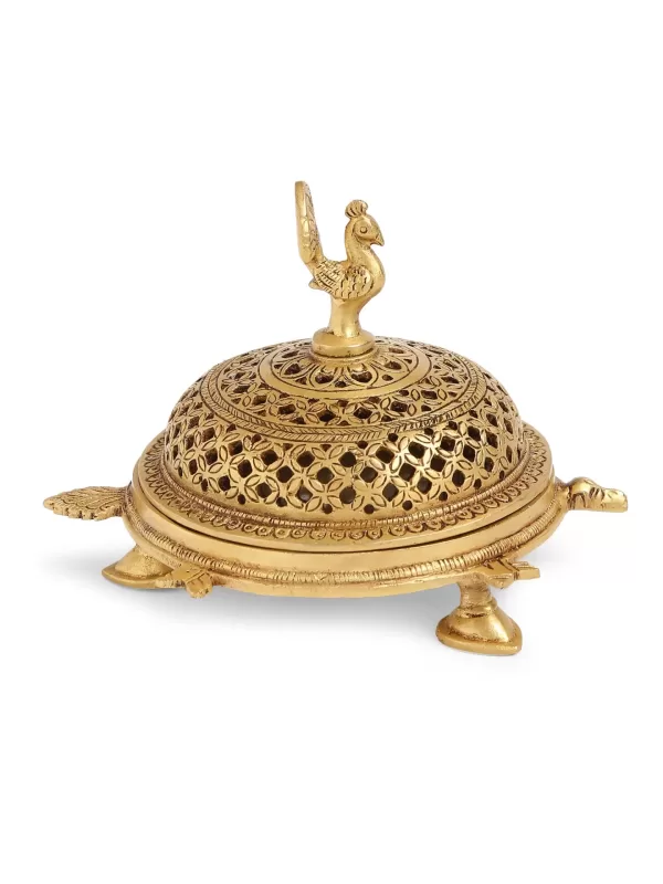 Brass peacock incense burner with tortoise base - Amoliconcepts