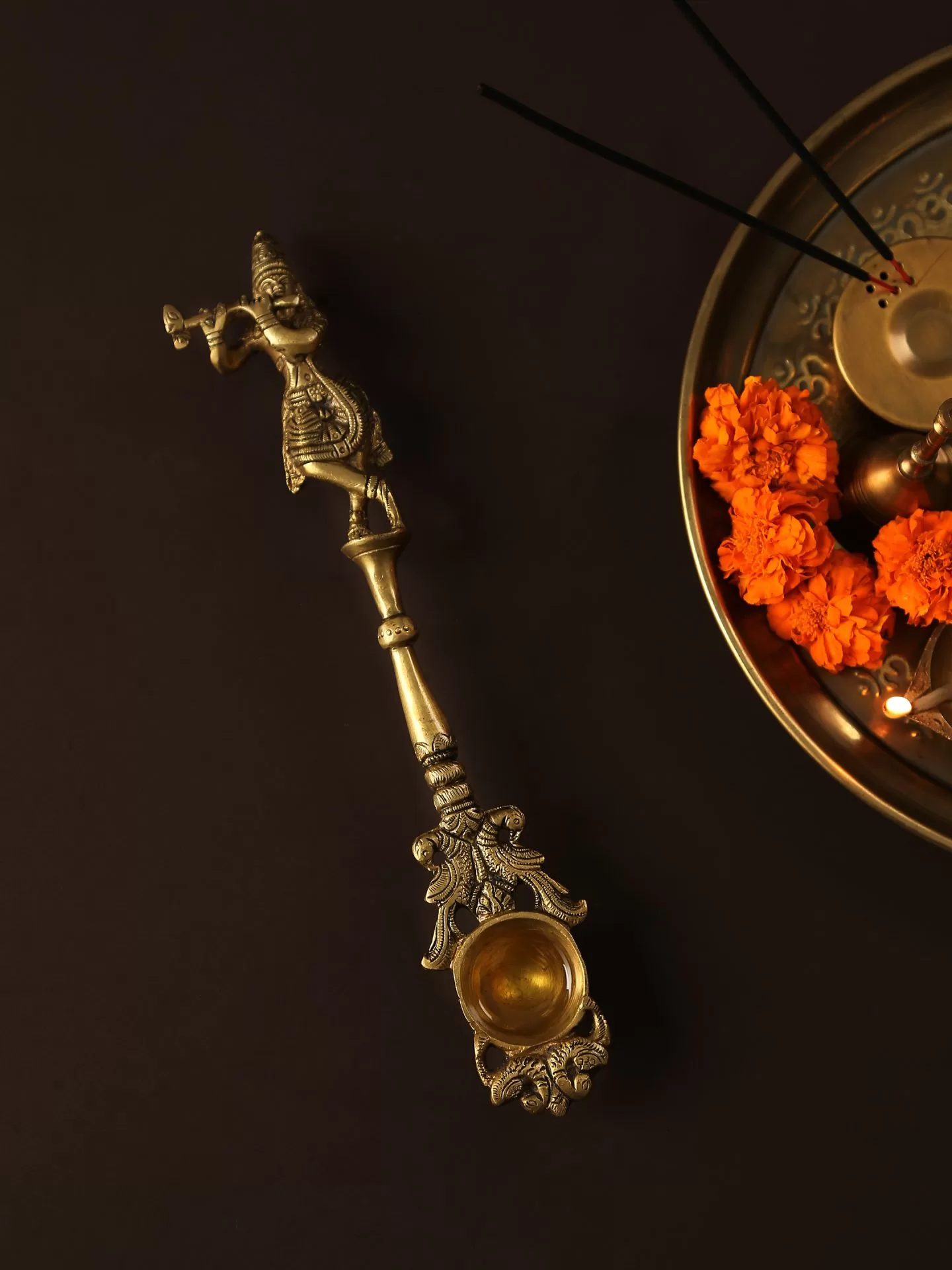 Krishna Idol carved Brass havan spoon – Amoliconcepts