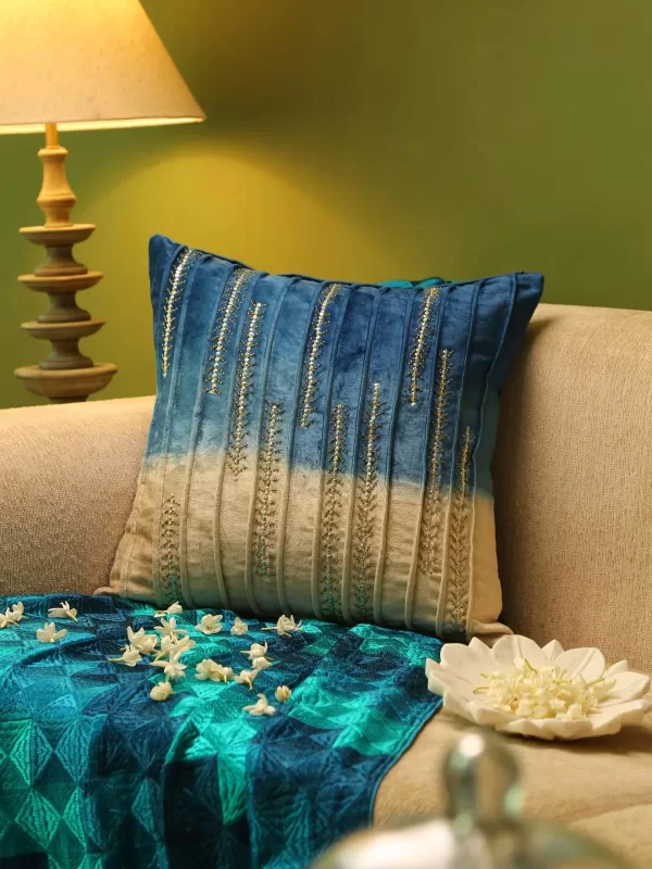 Blue Beige Ombre velvet cushion cover with embroidery and bead work - Amoliconcepts