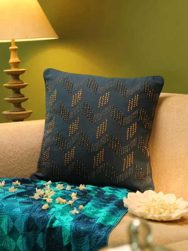 Blue Hand beaded cushion cover - Amoliconcepts