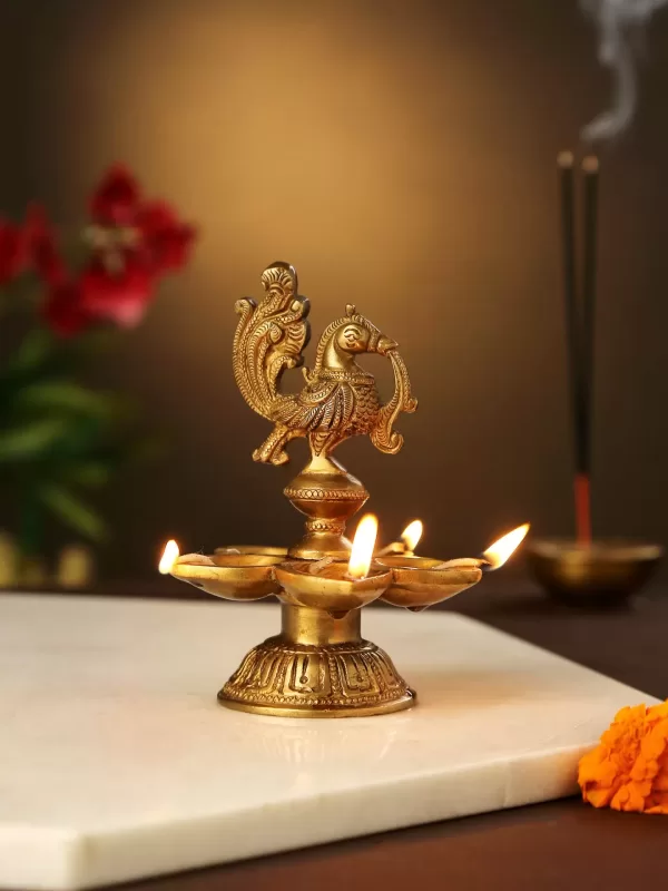 Peacock Brass Lamp with five diyas – Amoliconcepts - Amoliconcepts