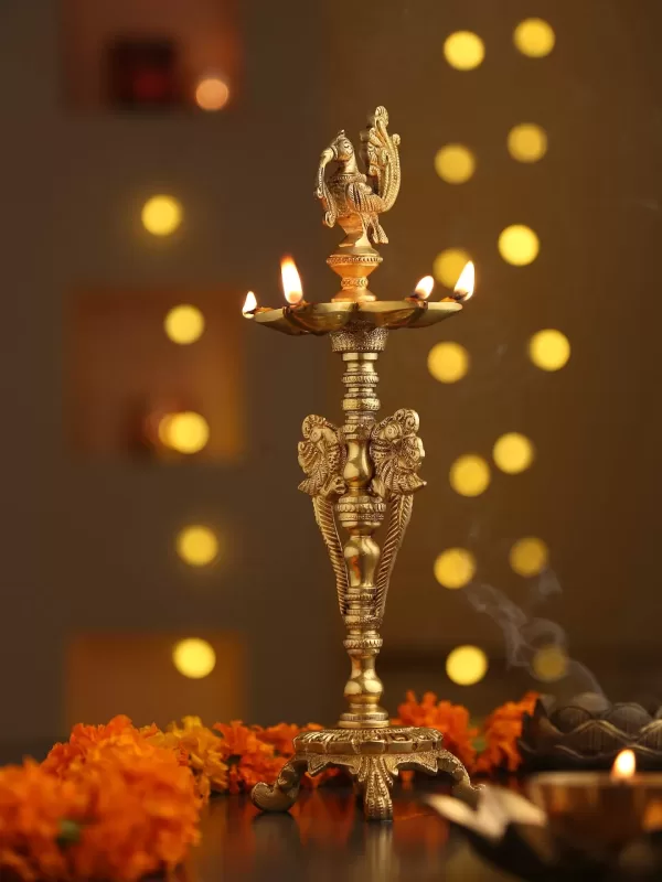 Peacock Lamp Large with five Diyas – Amoliconcepts - Amoliconcepts