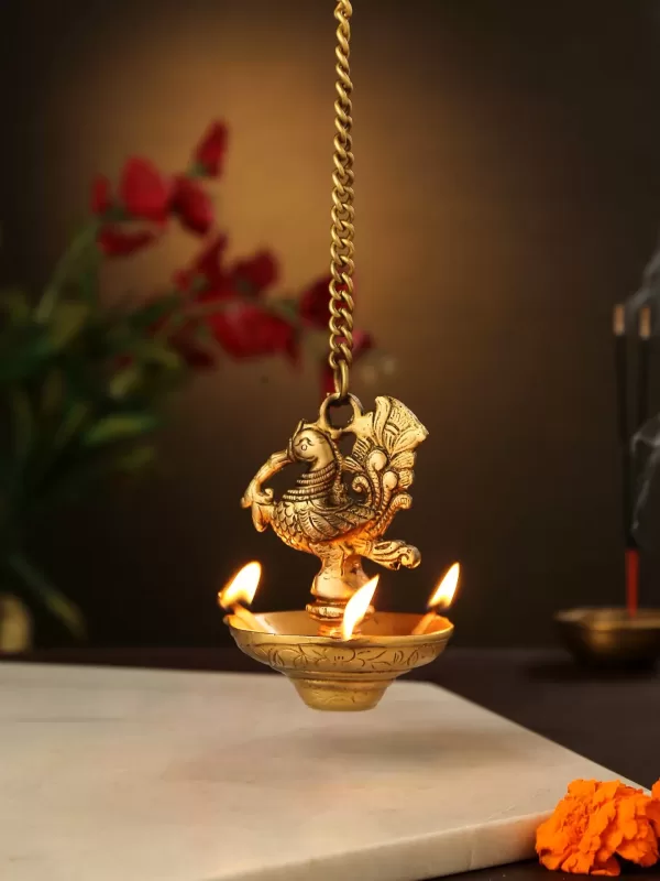 Bird Hanging Diya with three side lamp and Chain – Amoliconcepts - Amoliconcepts