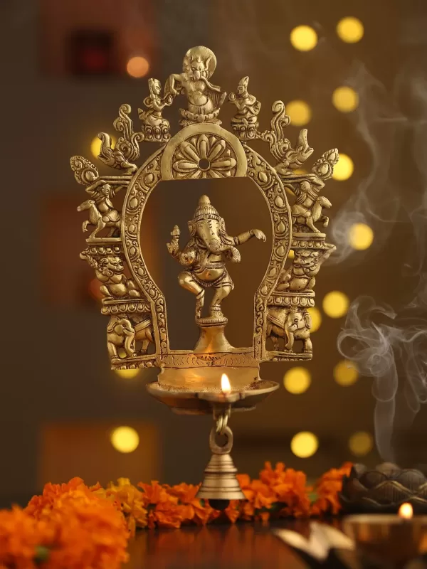 Brass Prabhavali with dancing Ganesha & Diya with bell – Amoliconcepts - Amoliconcepts