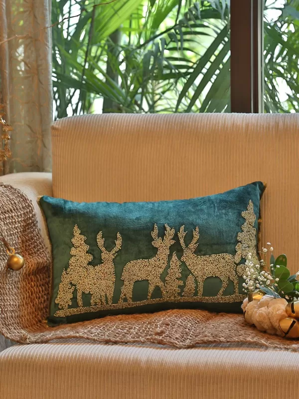 Reindeer Embellished Cushion Cover- Green - Amoliconcepts