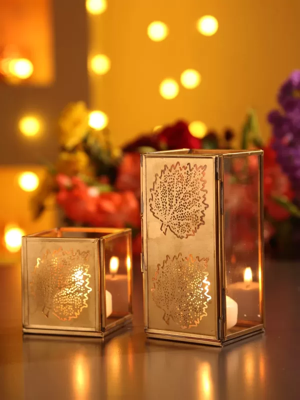 Antique Gold and Glass leaf design candle holders set of 2 in a gift Box - Amoliconcepts