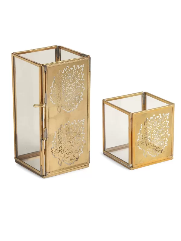 Antique Gold and Glass leaf design candle holders set of 2 in a gift Box - Amoliconcepts