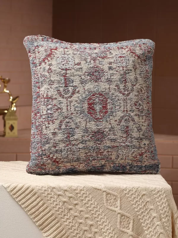 Jacquard Cotton Chenille Cushion cover in Persian motif – Beige & Multicolor - Amoliconcepts