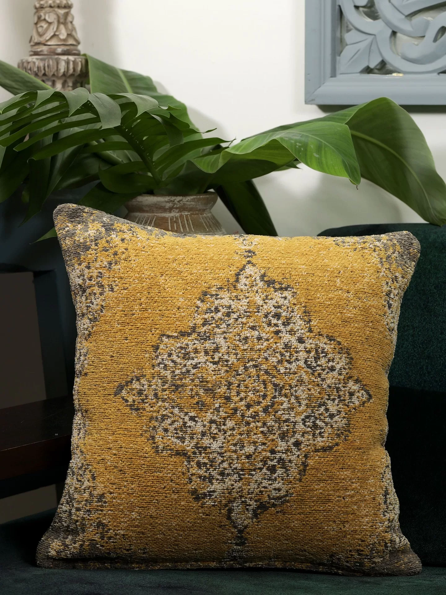 Jacquard cotton chenille cushion cover yellow & multicolor- Amoliconcepts