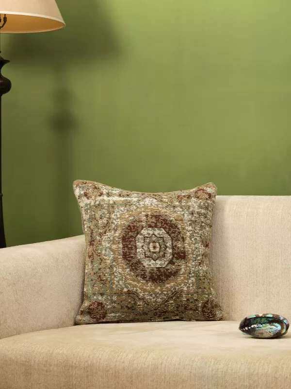 Jacquard cotton chenille cushion cover green & multicolor - Amoliconcepts
