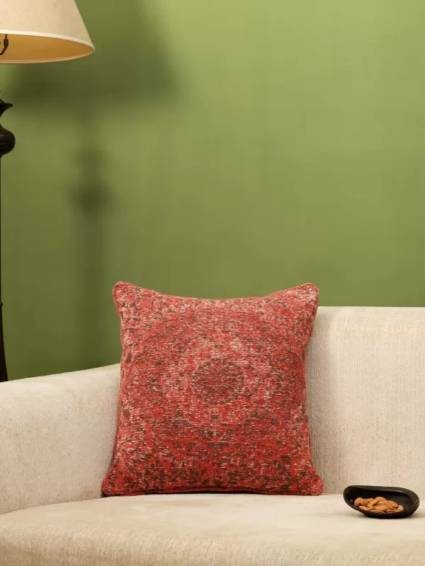 Jacquard cotton chenille cushion cover deep red - Amoliconcepts