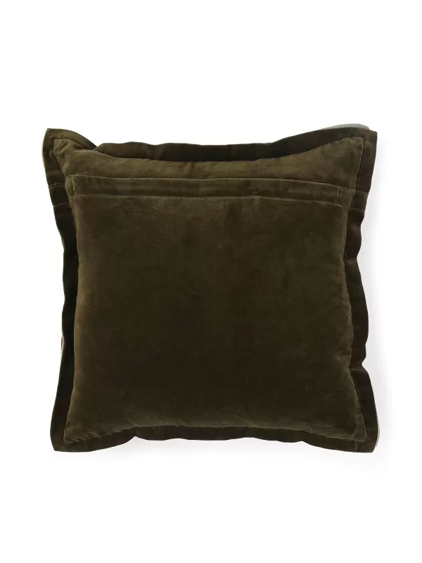 Olive Green Cotton Velvet Cushion Cover with Contrast Border Trim - Amoliconcepts