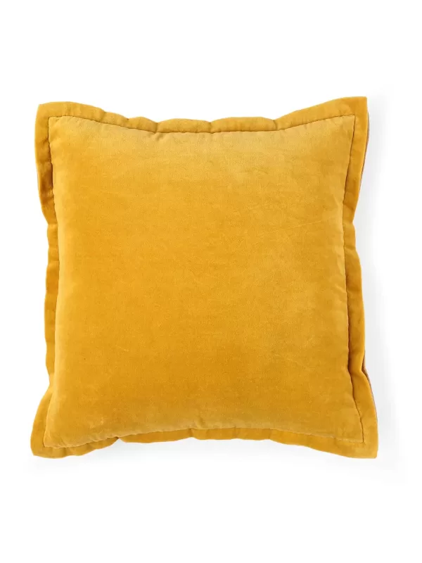 Yellow Cotton Velvet Cushion Cover with Contrast Border Trim - Amoliconcepts