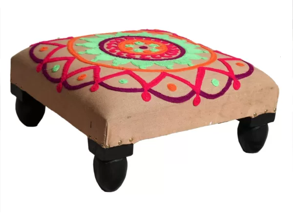 Embroidered cushion top wooden square choki/ stool - Amoliconcepts