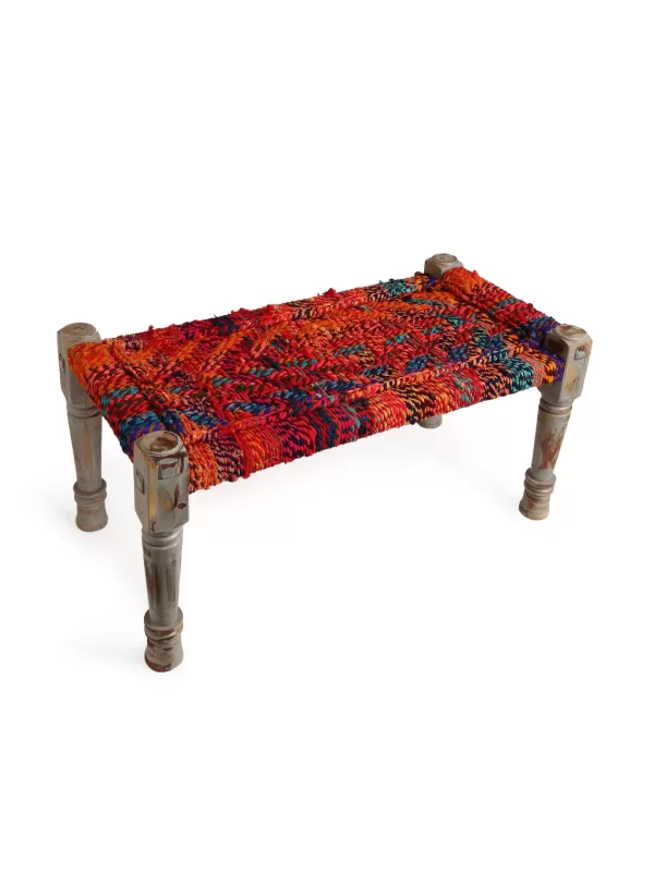 Wooden Bench with colorful chindi weaving - Amoliconcepts