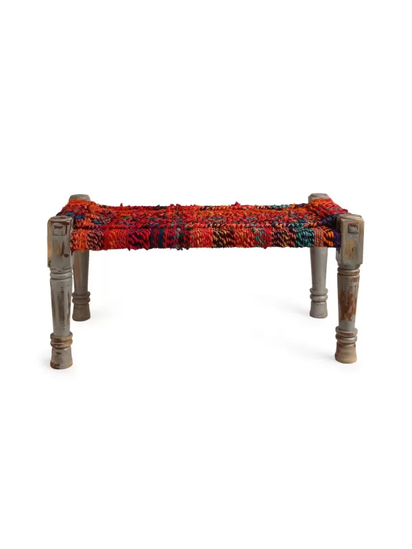 Wooden Bench with colorful chindi weaving - Amoliconcepts